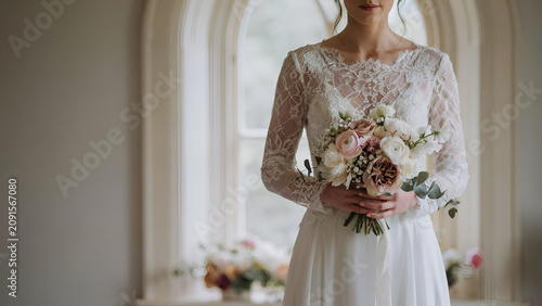Bride in lace wedding dress holding a pastel flower bouquet
