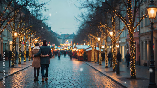 Couple walking down a cobblestone street at a christmas market