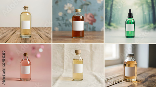 Six panel collection of glass bottles with blank labels and various liquid colors