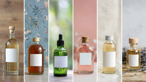Six vertical panels featuring glass bottles with blank labels