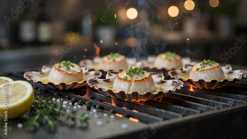 Seared scallops in shells grilling on a hot charcoal barbecue