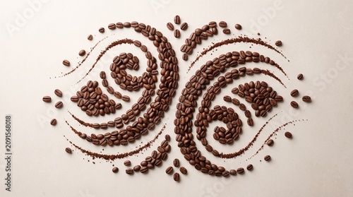 Artistic swirling arrangement of roasted coffee beans on light background 