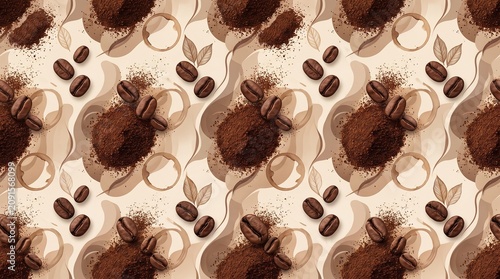 Seamless coffee pattern of beans, powder, cream, and abstract elements, for a rich, warm background