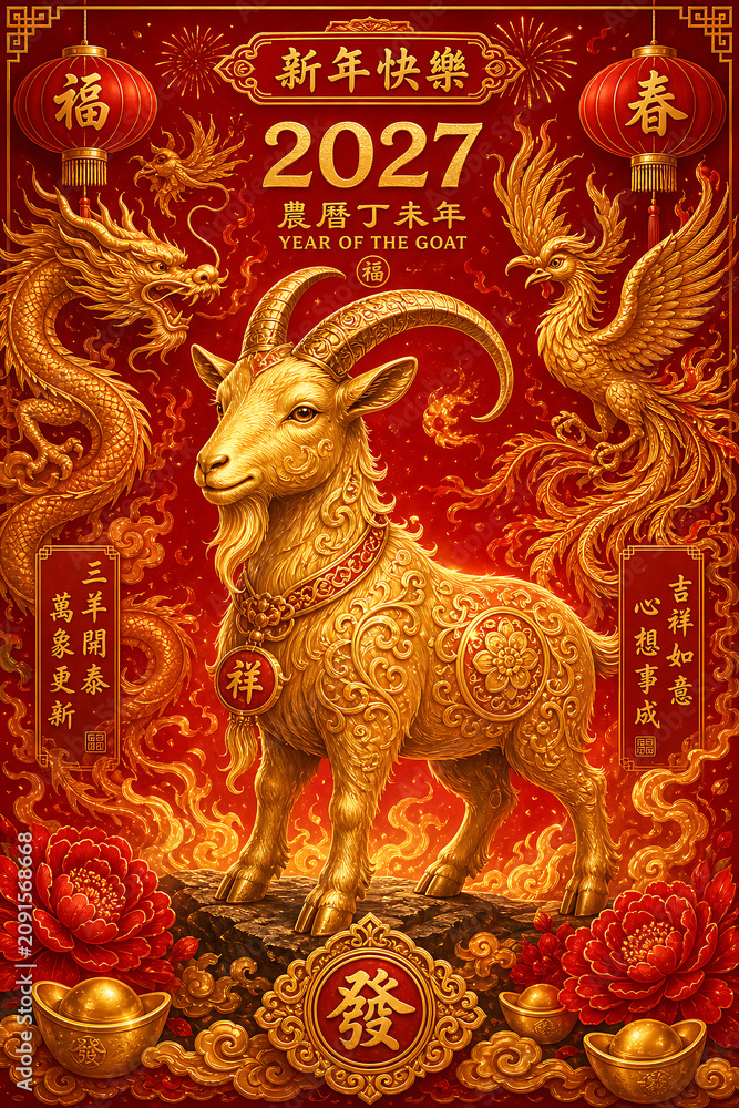 Fototapeta premium Golden Goat Statue for 2027 Lunar New Year Celebration with Dragon and Phoenix Ornaments
