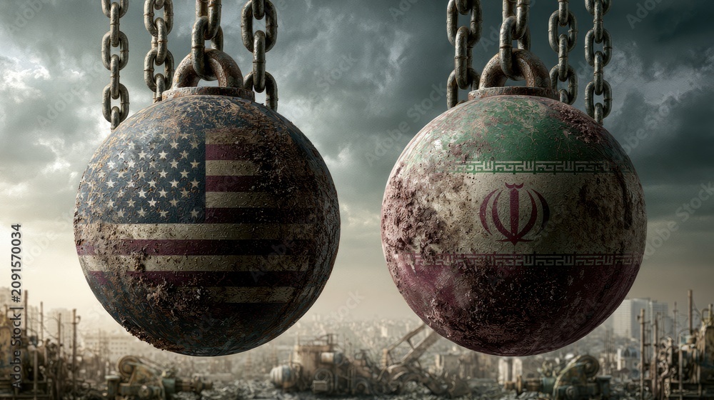 Obraz premium Two flags on wrecking balls hang precariously over a desolate industrial landscape