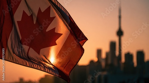Canadian flag waves at sunset in front of a city skyline