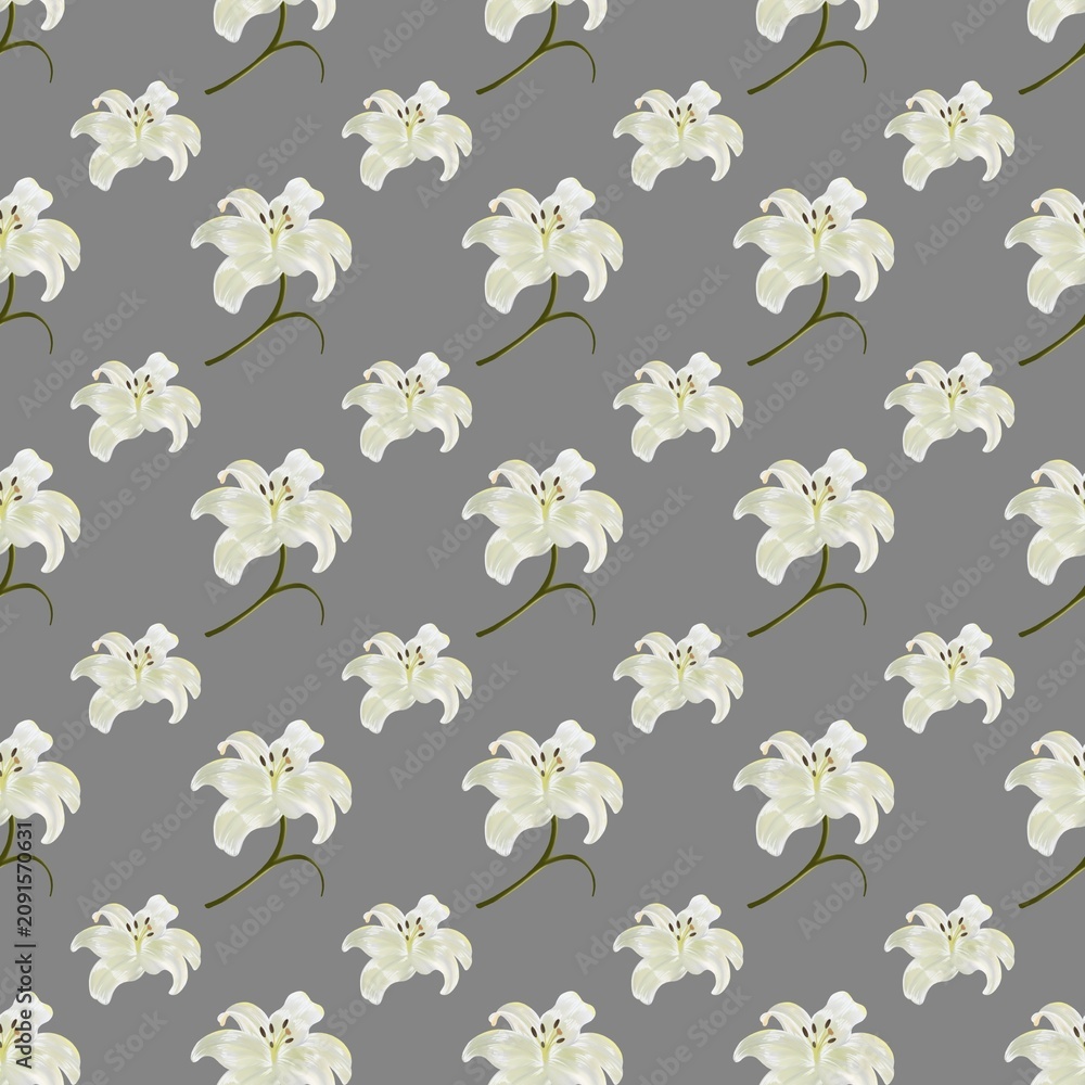 Fototapeta premium Seamless white lily floral pattern on gray background, elegant botanical wallpaper