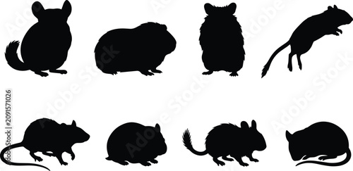 Bild auf Leinwand Solid black silhouette collection of small pet rodents featuring guinea pig, hamster, rat, and chinchilla in minimalist clean lines