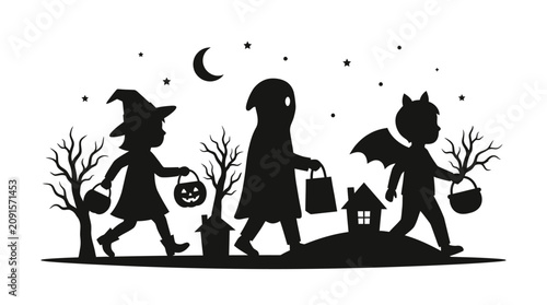 Bild auf Leinwand Black silhouettes of children trick or treating at Halloween.