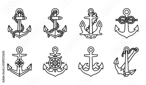 Quadro su tela Anchor Line Art Icon Collection with Rope Details and Nautical Maritime Symbols
