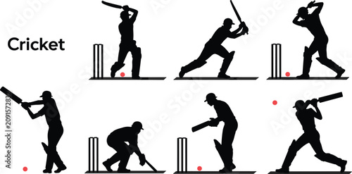 фотографія Cricket batsman silhouette set showing multiple batting shots action poses sport