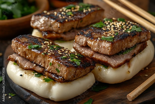 Grilled Wagyu beef steaks served over creamy mashed potatoes garnished with green onions and sesame seeds on a rustic wooden surface