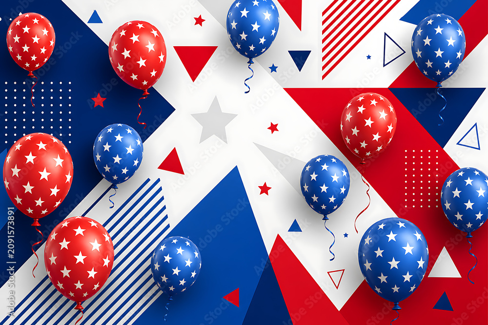 Obraz premium Red and blue balloons with white stars floating over a geometric abstract background pattern