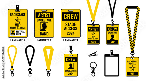 Yellow event backstage pass and lanyard staff identification set.