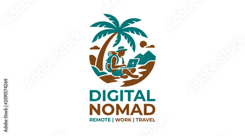 Digital nomad logo with palm tree and laptop person.