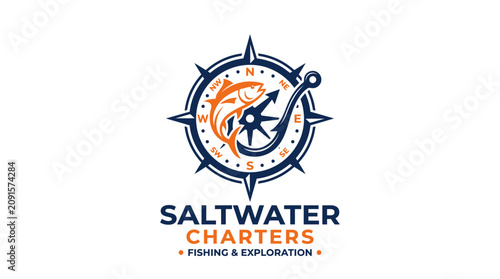 Bild auf Leinwand Saltwater Charters logo featuring compass and leaping fish.