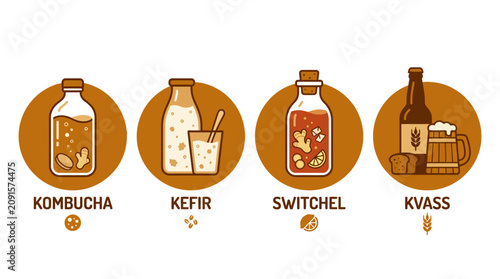 Fermented probiotic drink icons including kombucha and kefir.