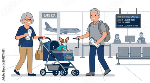 Elderly couple with dog in stroller at airport gate