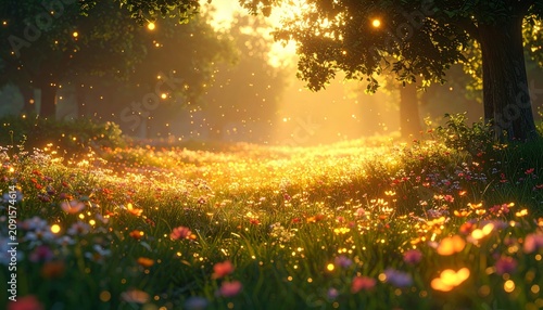 a serene forest glade with fireflies and flowers.