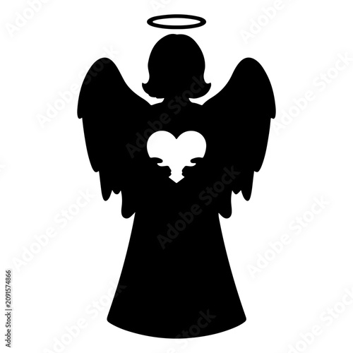 Schilderij op canvas Silhouette of Angel with Heart and Halo.