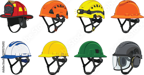 Safety helmets vector icon set with industrial hard hats firefighter helmet and protective gear illustrations
