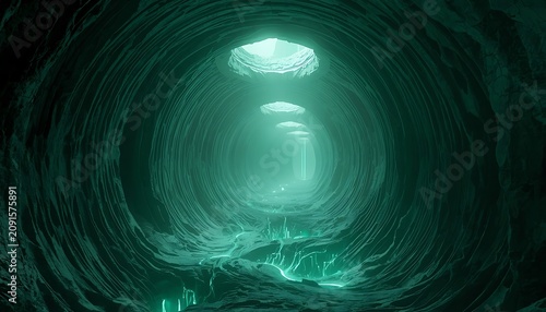 A breathtaking underground passage, carved by nature, where soft teal light descends from above, illuminating the mysterious depths and rugged textures of the cave