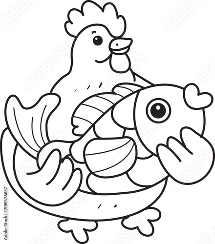 Coloring book of Cute Rooster Chicken sticker icon. Outline of Rooster Chicken 