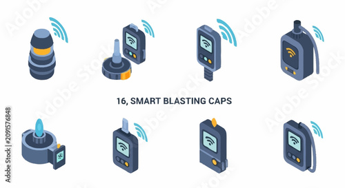 Foto Isometric set of sixteen smart blasting caps for industrial use.
