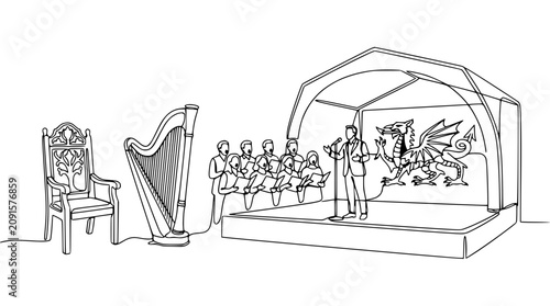 фотографія Soloist Sings Before Choir and Dragon Projection on Stage