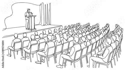 Foto Speaker addressing audience at conference hall, presentation event, meeting, lec