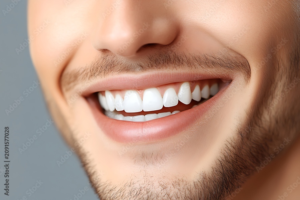 Obraz premium Close-up of Smiling Man Showing White Teeth with Clear Skin and Well-Groomed Beard, Joyful Expression, Bright Smile, Light Reflection, Happiness, Confidence