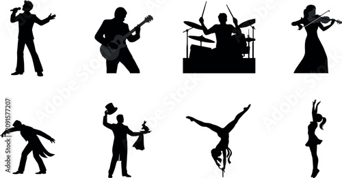 Fotografie Stage performers and entertainers black silhouettes vector set featuring singer