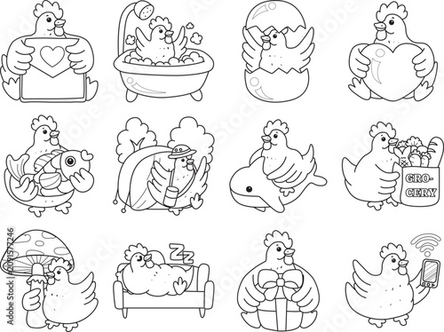Coloring book of Cute Rooster Chicken sticker icon. Outline of Rooster Chicken 