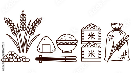 Fotografie Assorted rice products collection including grain stalks bowl onigiri and sack line art