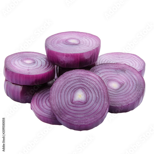 Sliced Purple Onion Rings Isolated on Transparent Background Close Up View Displaying Detailed Texture and Color