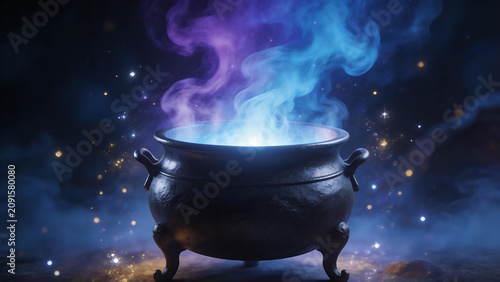 Magic cauldron with glowing smoke