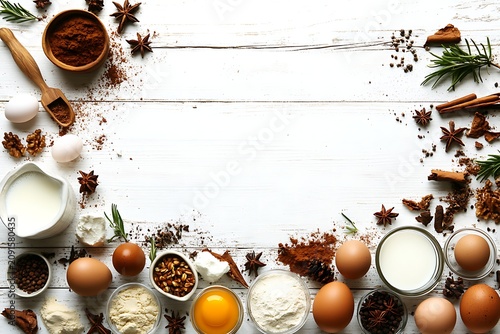 Fresh organic ingredients and spices arranged on a rustic white wooden table for cooking and baking preparation