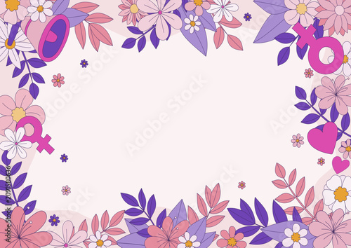 Flat style vector illustration of a floral border with pink and purple flowers, leaves, hearts, and gender symbols, suitable for feminine or romantic themes.