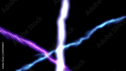 Bright purple, white, blue lightning bolts in a dark night sky. Perfect for backgrounds, energy concepts, or dramatic designs.