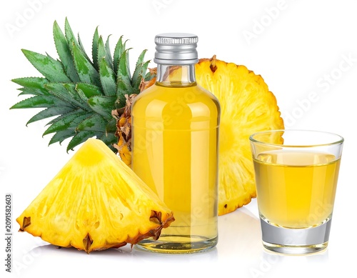 Fresh pineapple and pineapple juice on white background.