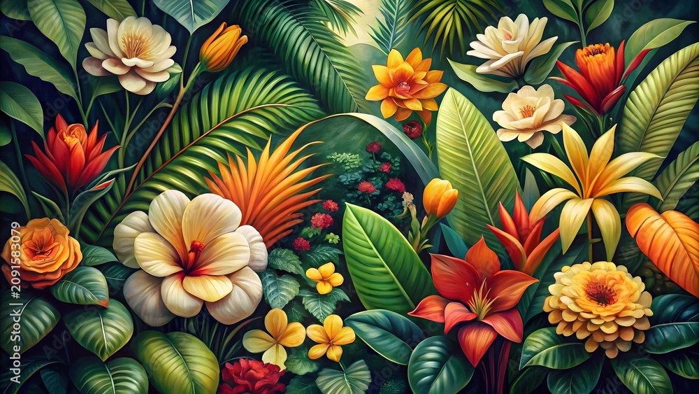 Fototapeta premium Vibrant botanical scene featuring a dense tropical floral arrangement