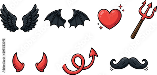 Photography Devil and demon costume elements vector illustration set featuring horns wings tail pitchfork red heart and mustache isolated on white background
