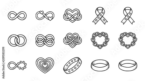 Fotografie Love Symbols Collection: Infinity, Hearts, Rings, Ribbons - Hand Drawn Icons
