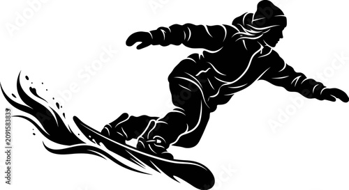 Foto Silhouette of a snowboarder carving powder snow, dynamic action shot