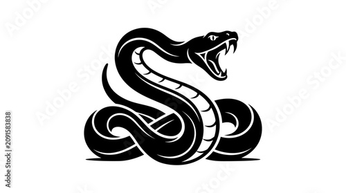 Fotografie Black Cobra Snake Logo, Aggressive Serpent, Danger Symbol, Isolated on White Bac