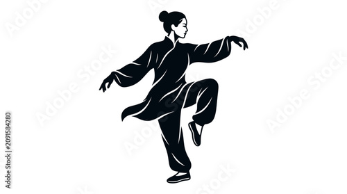 Silhouette of a woman practicing Tai Chi, black and white, isolated on white background