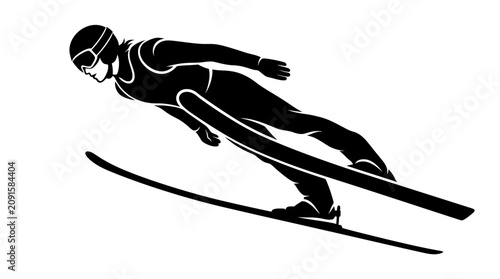 Ski Jumper Silhouette in Mid-Air, Winter Sports Action