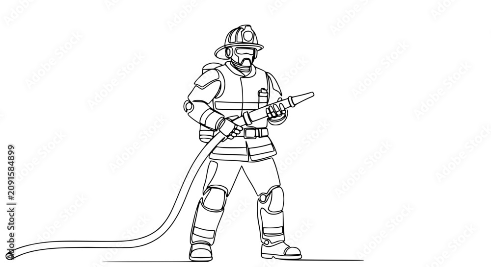 Fototapeta premium Firefighter holding water hose, minimalist line art, safety and rescue concept