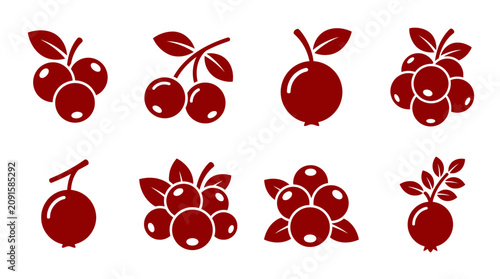 Assorted red cherry and cranberry fruit icon set.