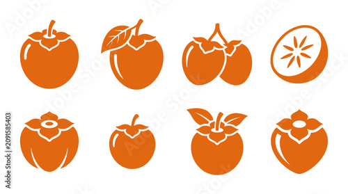 Orange persimmon fruit icons and flat silhouette collection.
